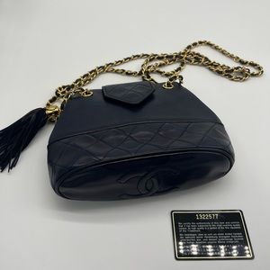 Vintage Chanel Leather Tassel Shoulder Bag- Navy Blue with 24K Gold Plated Chain